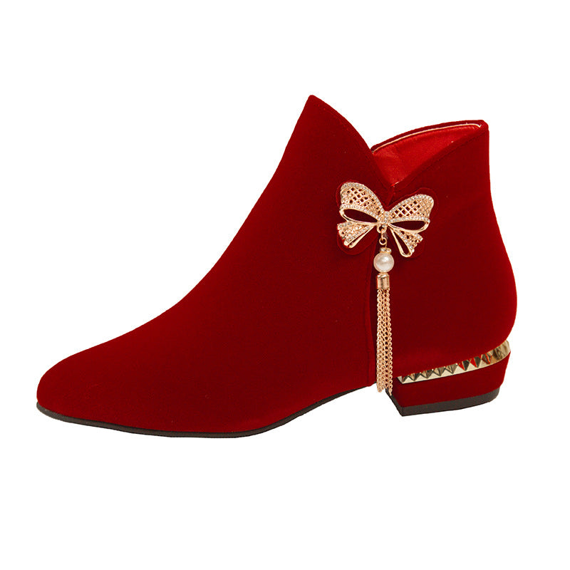 Winter wedding shoes women's thick heel plus size red short boots fleece-lined bridal shoes xiuhe red shoes toast high heels winter