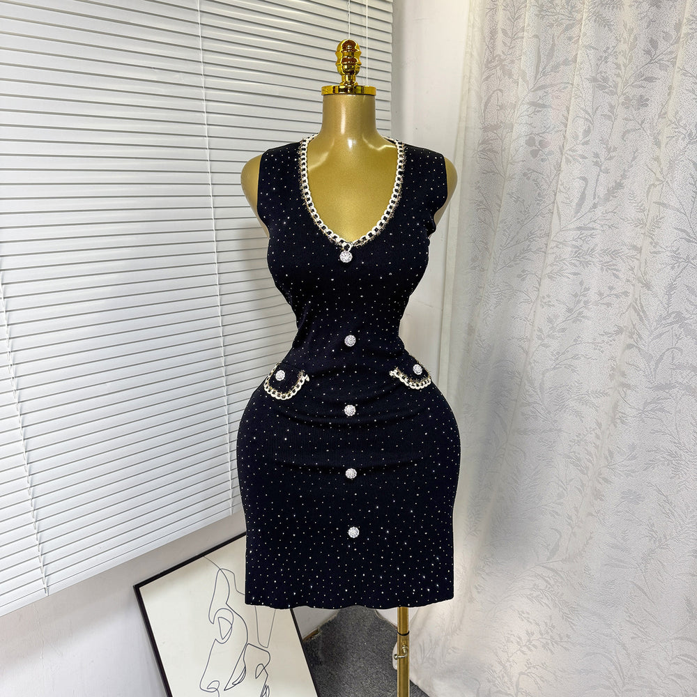 export tweed style sleeveless fine glitter knittingdress women's hot diamond button waist slimming lookknitting short skirt