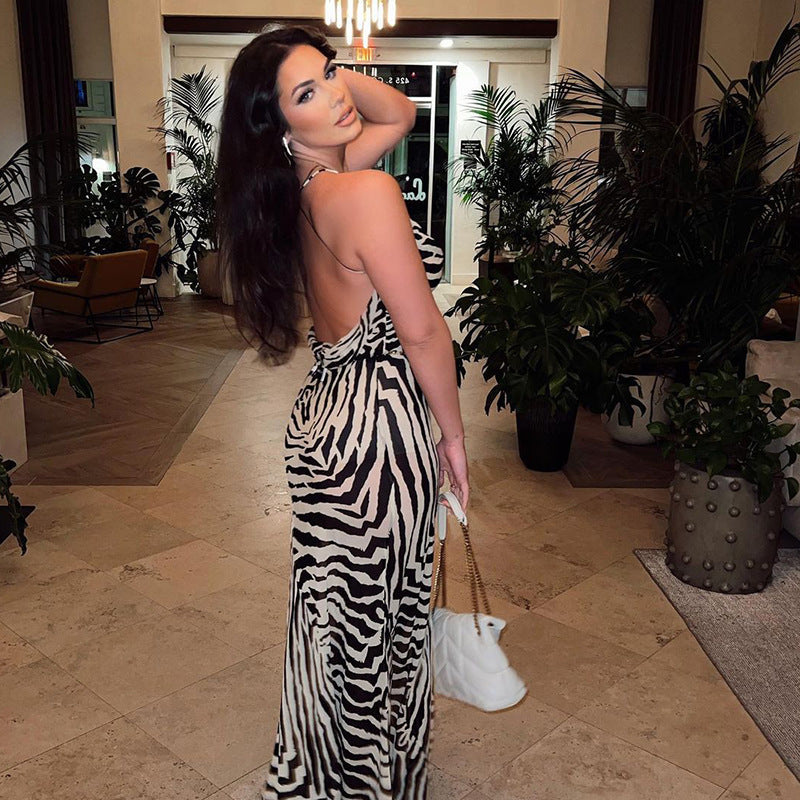 European and american cross-border  new women's fashion zebra print high slit tie-up see-through sexy vacation dress