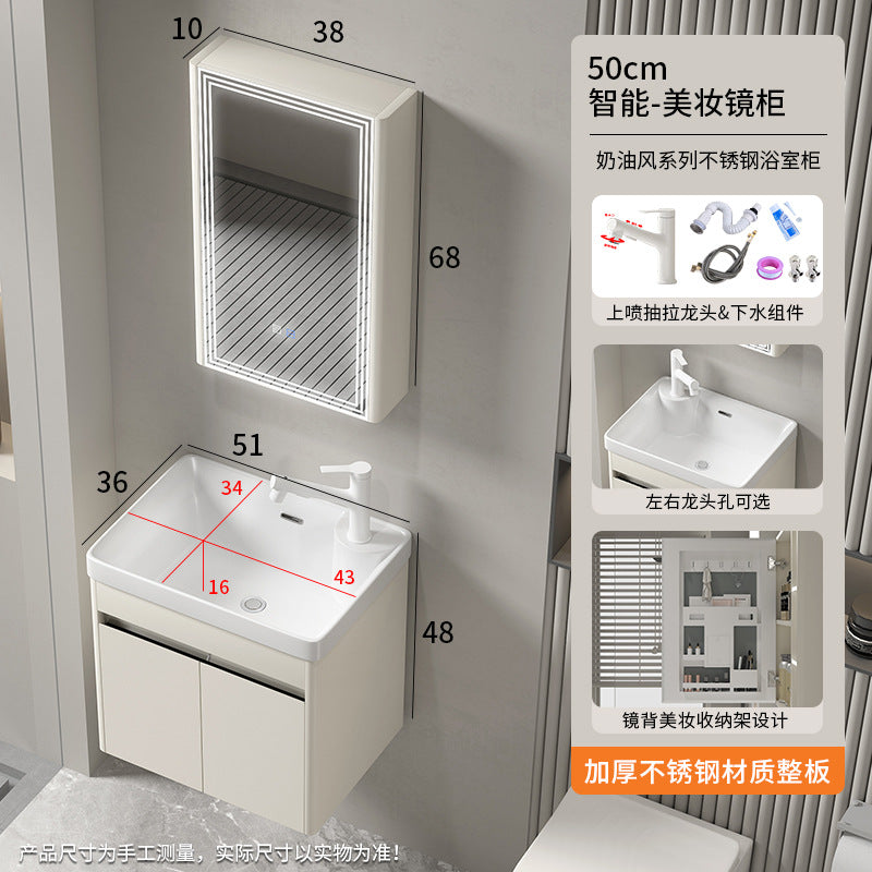 Small apartment bathroom cabinet Thickened stainless steel washstand Integrated cabinet Storage mirror Washstand Deepened ceramic integrated basin
