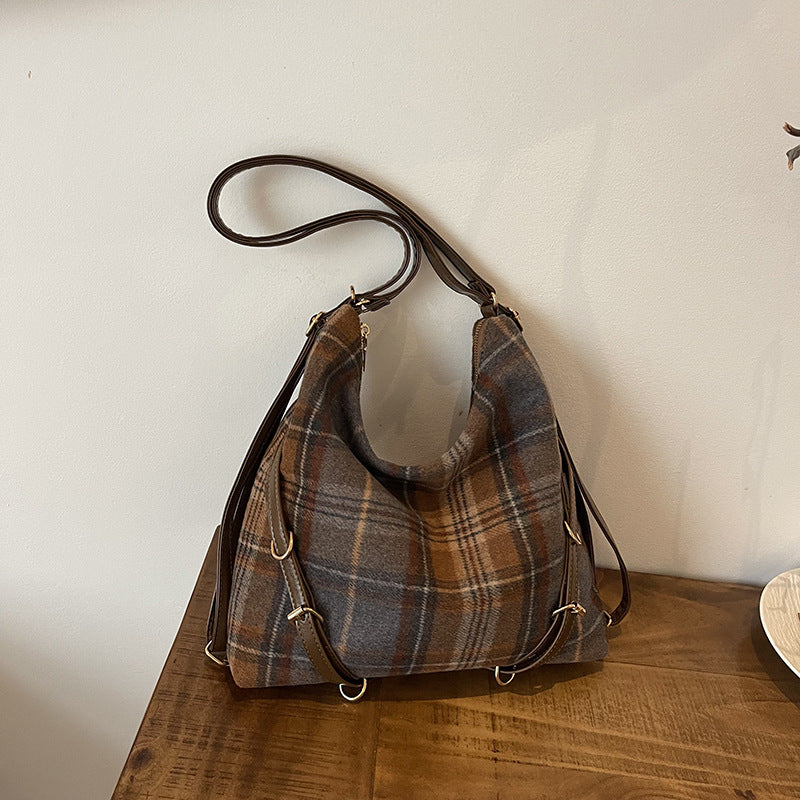 Retro plaid large-capacity bag women's 2025 new trendy college woolen tote bag casual backpack bag