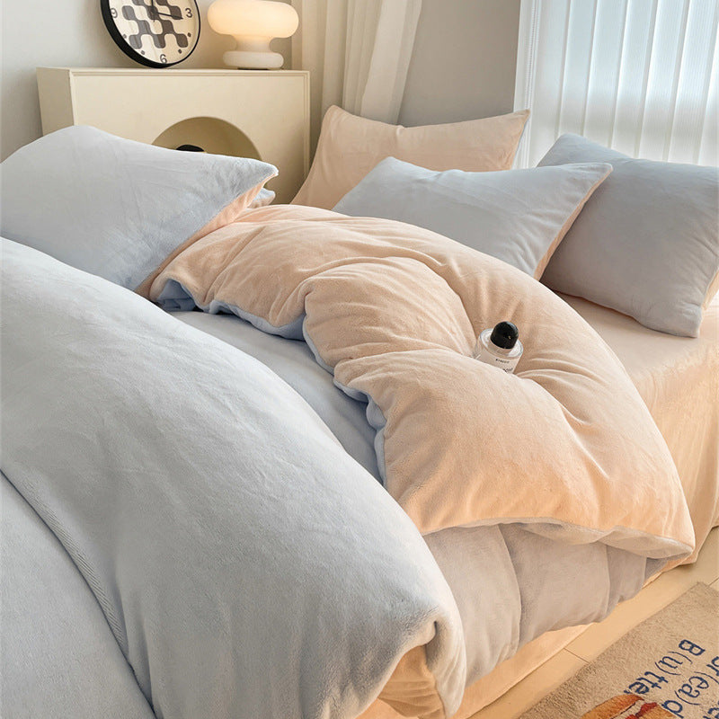 Solid color milk fleece four-piece set, winter thickened coral fleece bed sheet quilt cover, Nantong flannel bed three-piece set
