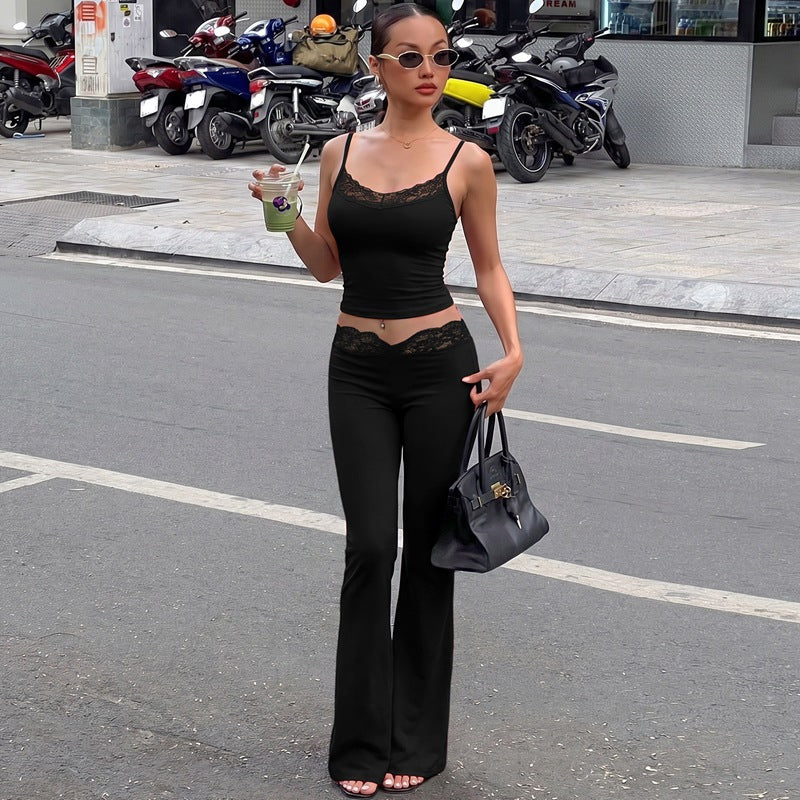 Amazon  summer fashion solid color lace trim cami top & cropped slim-fit straight-leg pants set