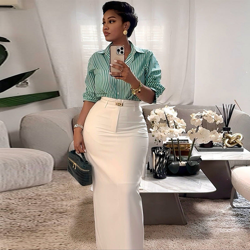 European and american cross-border women's fashion:  autumn new collection - stylish green striped long-sleeve shirt and high-waisted midi skirt set