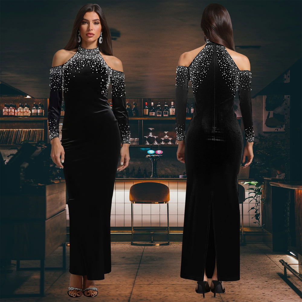 C7410 cross-border   fashion women's elegant rhinestone beaded sleeveless sexy dress