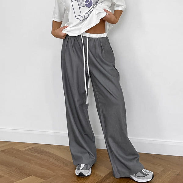 European and American street gray contrasting sports trousers women's 2024 autumn new drawstring high waist straight casual trousers women's clothing