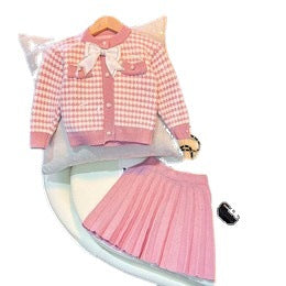 Exclusive tweed styletwo-piece setbowsgirl knitting skirt