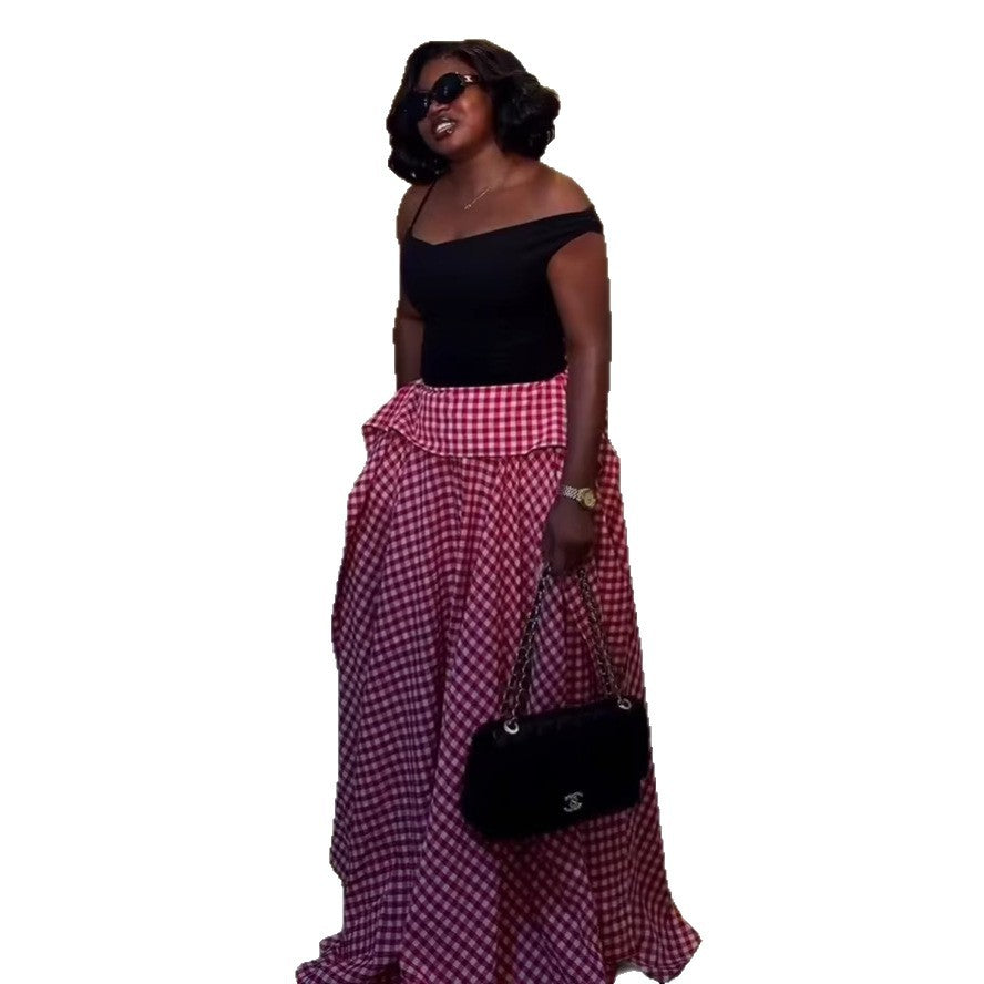 European and american cross-border women's fashion:  summer new arrivals - high-waisted plaid a-line casual versatile maxi skirt