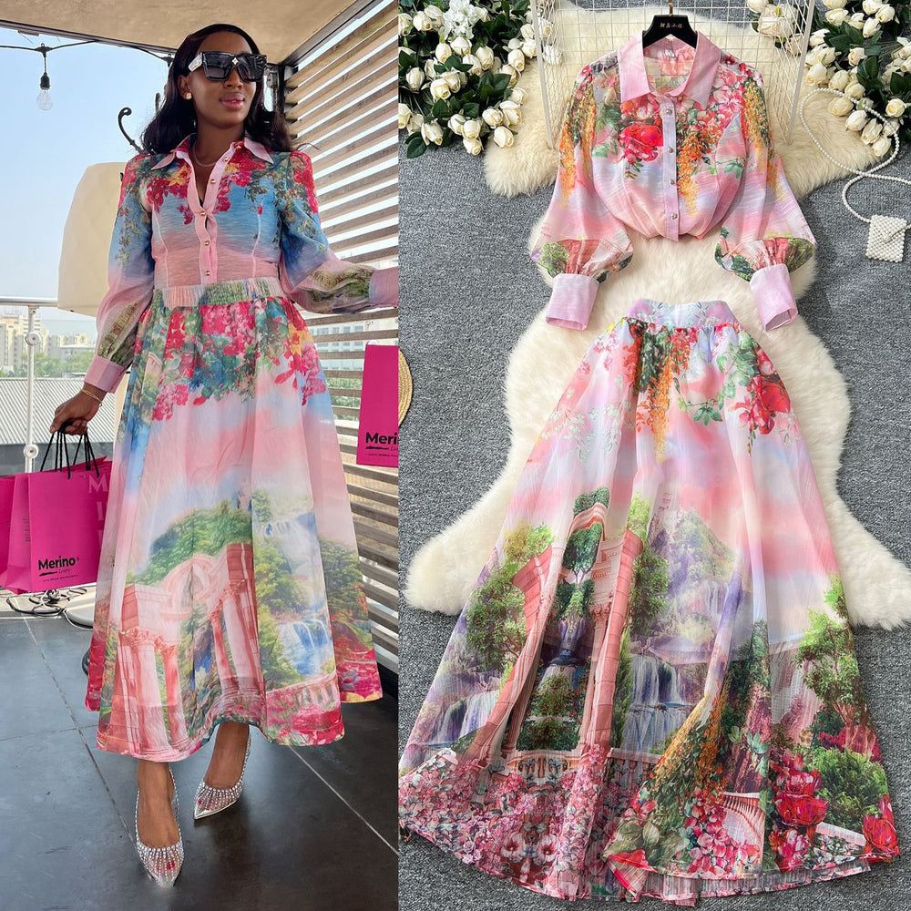 Elegant and chic printed set for women: european and american style lantern sleeve button-down blouse + high-waisted flared midi skirt