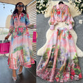 Elegant and chic printed set for women: european and american style lantern sleeve button-down blouse + high-waisted flared midi skirt