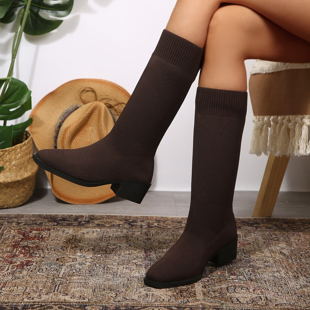 Exportplus sizefashion slim boots women's mid heel short boots knittingspring & fallsingle boots pointed thick heel women's flats