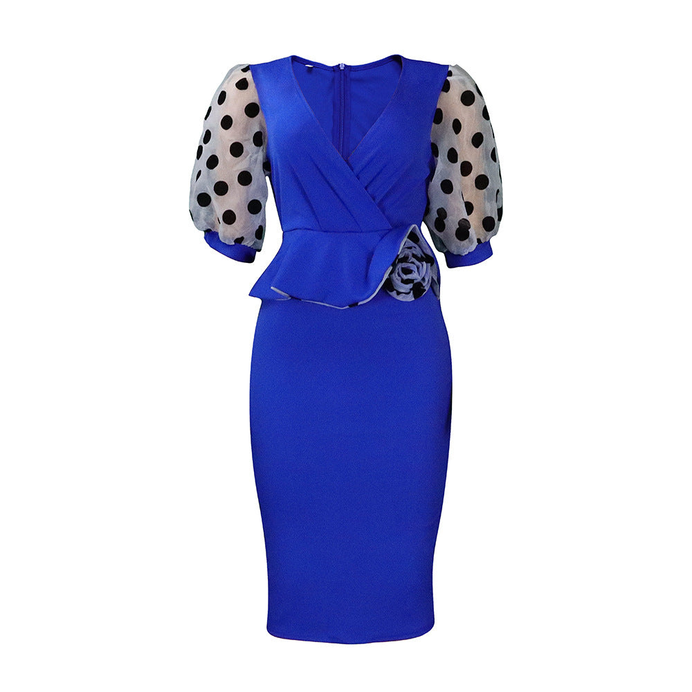 European and american cross-border women's clothing  spring/summer new collection: patchwork ol style mesh puff sleeve pencil skirt foreign trade dress