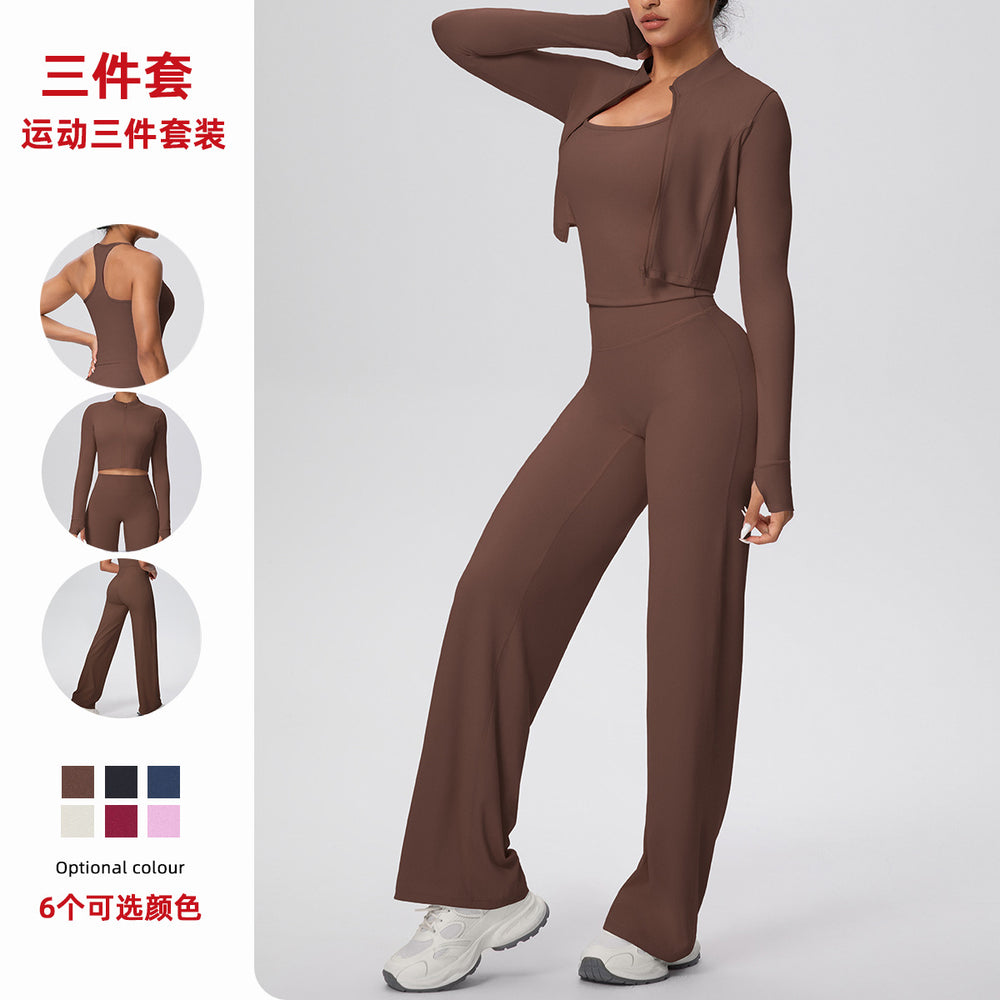 pure color brushed tight tank top wide-leg long three-piece set sports running fitness yoga suit