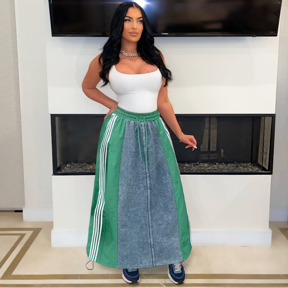autumn new arrivals: european and american style women's fashion casual striped a-line loose denim color block midi skirt