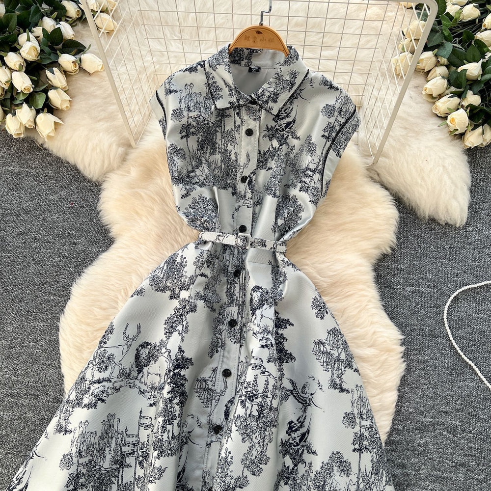 new women's high-end elegant dress - sleeveless, notched collar, cinched waist, single-breasted, ink wash painting jacquard maxi dress
