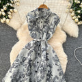 new women's high-end elegant dress - sleeveless, notched collar, cinched waist, single-breasted, ink wash painting jacquard maxi dress