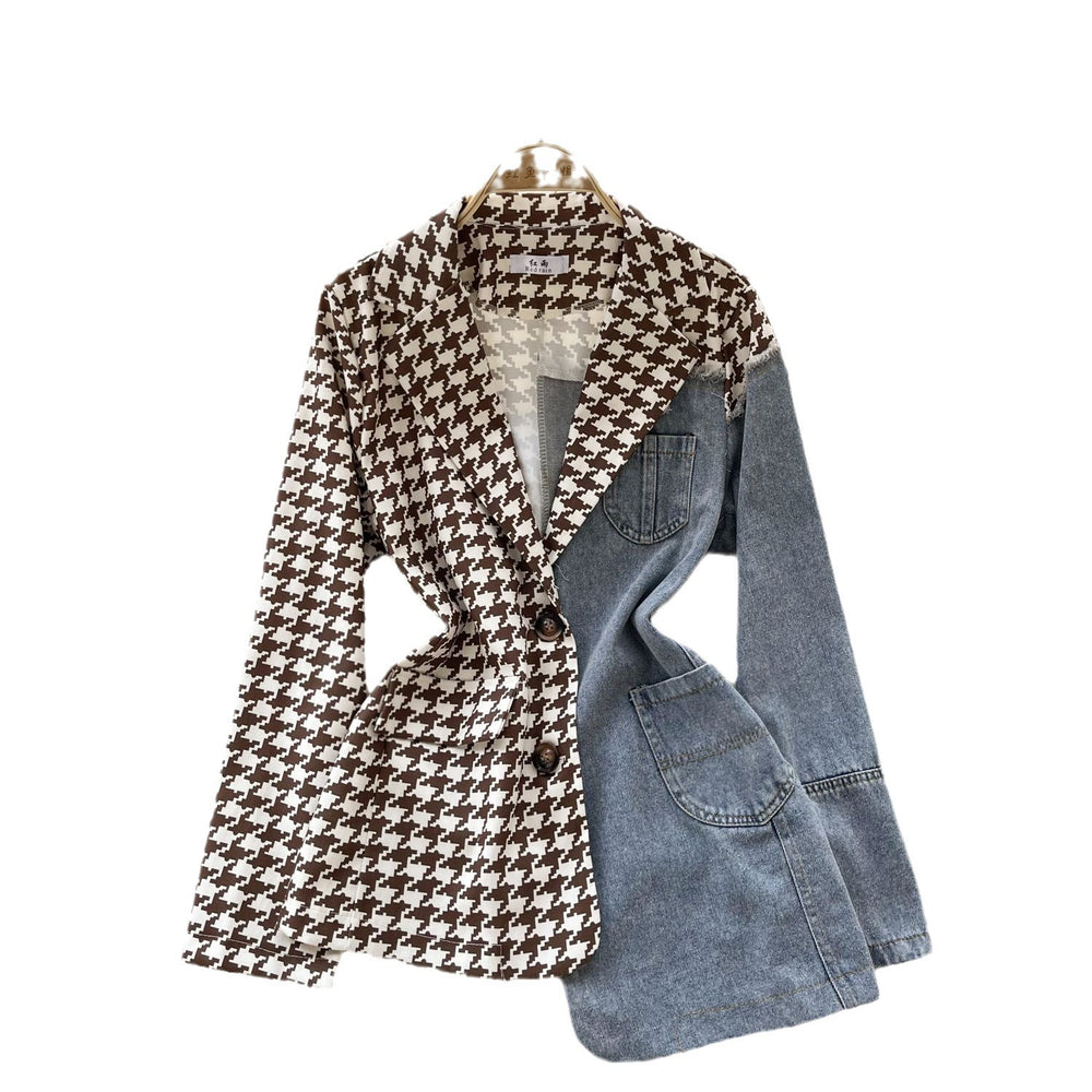 Luxury european and american style blazer for women - irregular patchwork denim design, statement piece, powerful and chic top, trendy