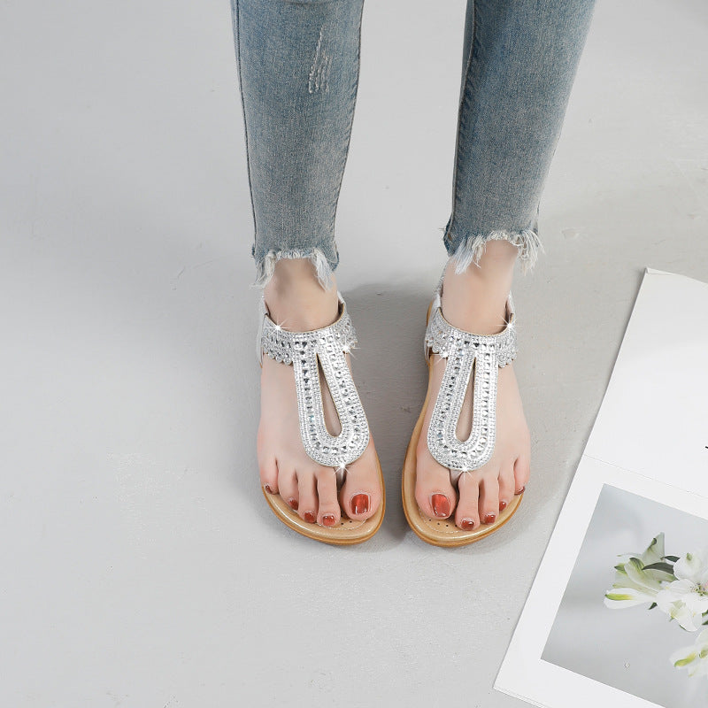 2025 summer new arrivals: european and american style women's sandals - elastic band, hotfix rhinestones, soft, breathable, lightweight, comfortable, plus size, flat