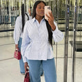 European and american cross-border women's fashion:  autumn new arrival - stylish pink striped tie-waist long-sleeve blouse with turn-down collar