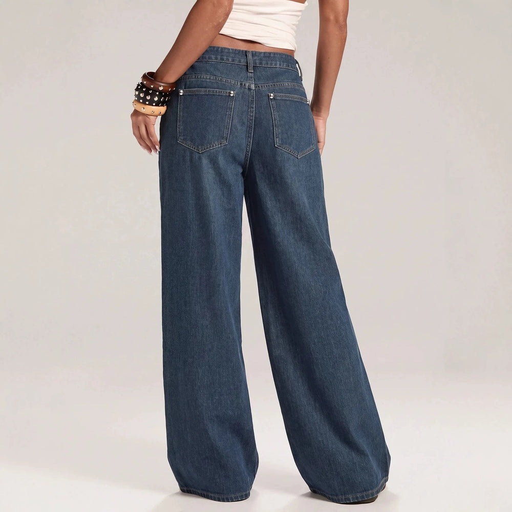 European and american style women's vintage high-waisted studded wide-leg jeans - washed, distressed, multi-row button detail, relaxed fit long pants