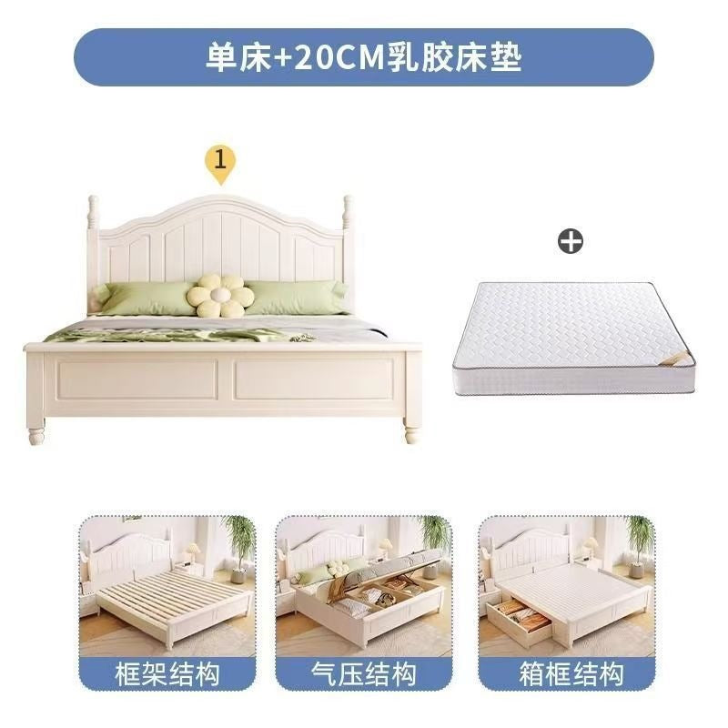 Nordic white cream solid wood bed - modern minimalist 1.8m double bed for master bedroom, 1.2m single bed with storage, wedding bed