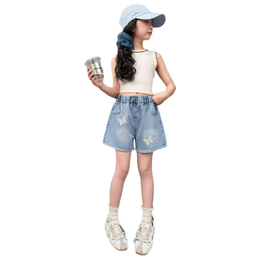 Girl denim shortssummer thin outwear youth summer wear k-stylefashionable foreign style hot diamond summer kids pants