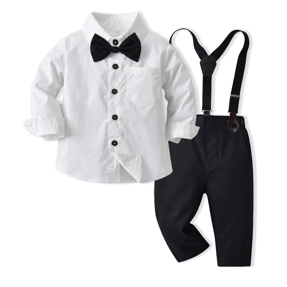 spring new boys' suit white shirt striped overalls two-piece gentleman's children's clothing wholesale customization