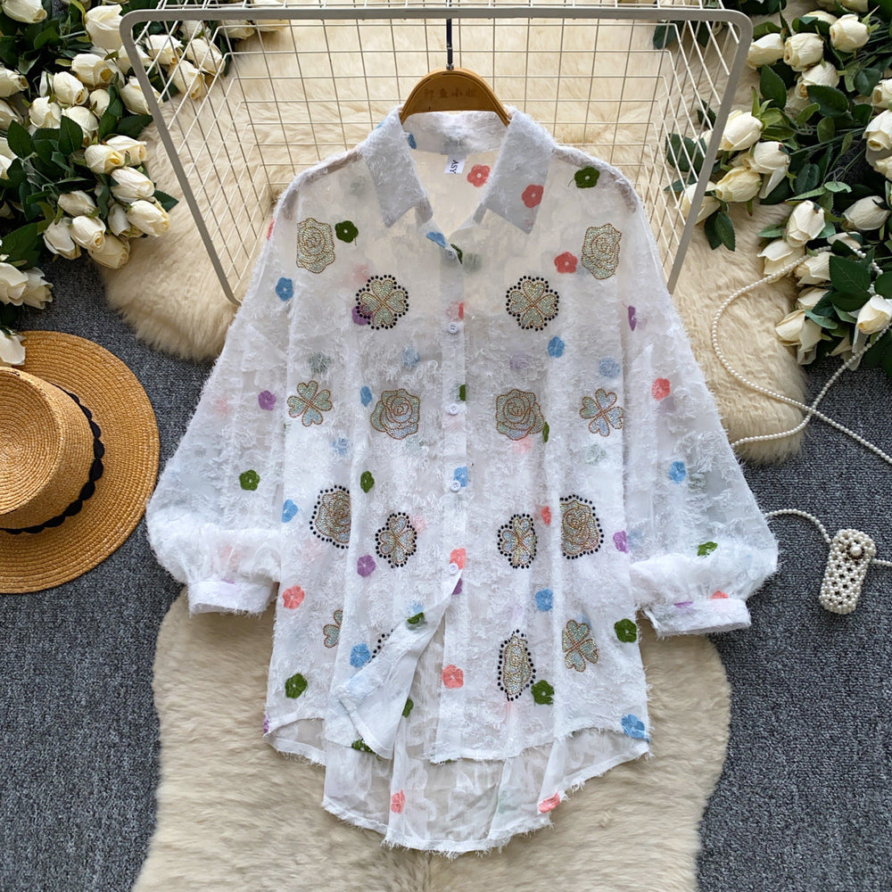 Commuter style blue printingshirt women's long sleeves loosecardigan light and breathable sun protection outer topsautum