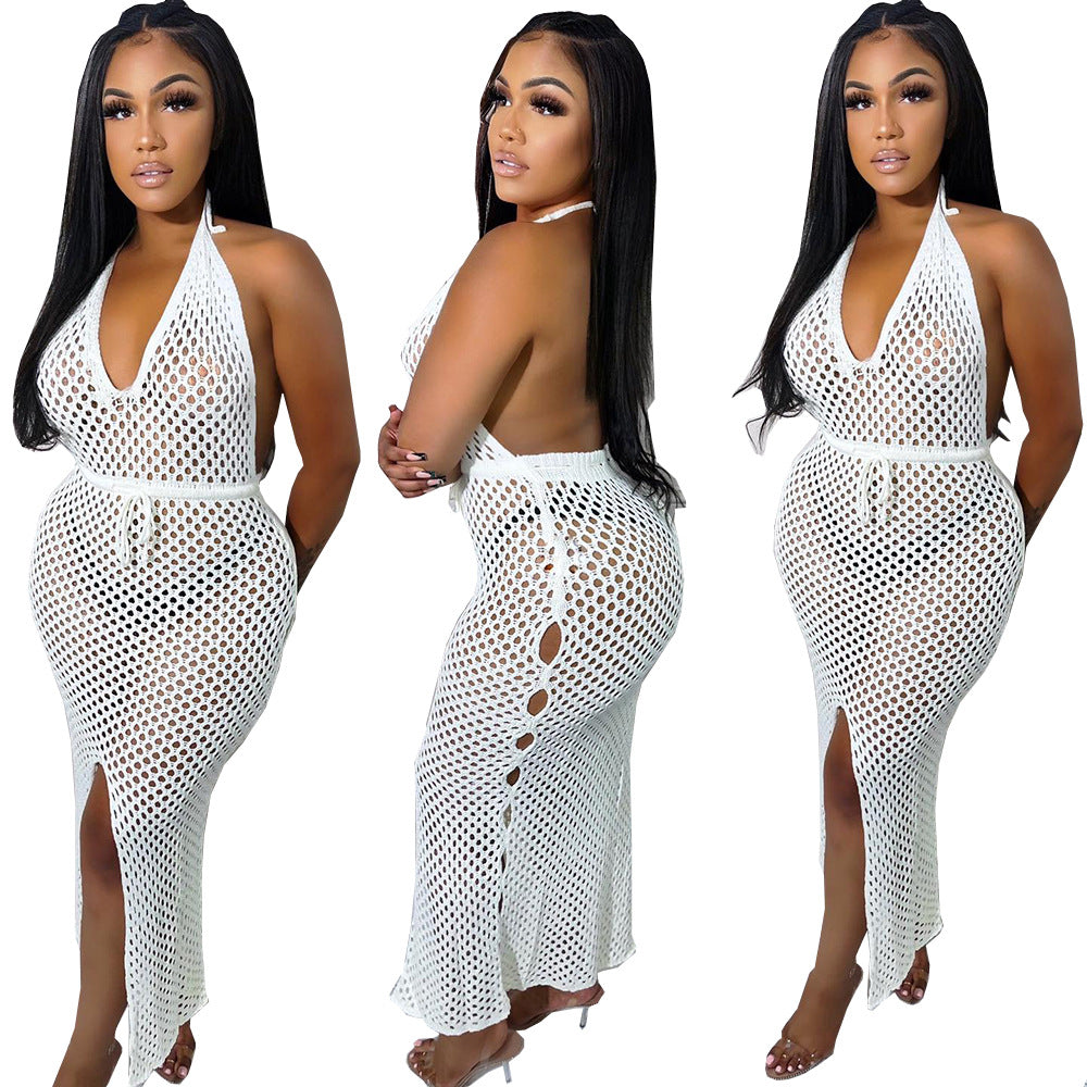 Fashion cross-border women's clothing  supply fashionsexytie back deep vpure colorcut out mesh slit dress