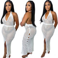 Fashion cross-border women's clothing  supply fashionsexytie back deep vpure colorcut out mesh slit dress