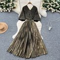 Miya european and american pleated dress for women summerclassyaccessible luxuryv neck bat sleeve waist metal pleated long skirt