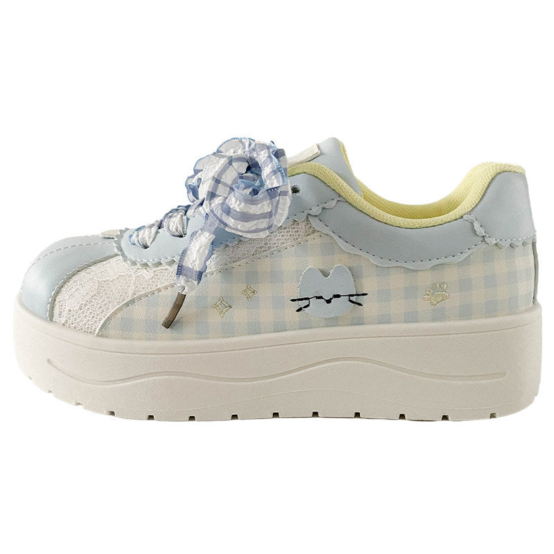Blue korean style high-value plaid bowknot chunky sole sneakers women's 2026 summer new arrival niche campus white shoes