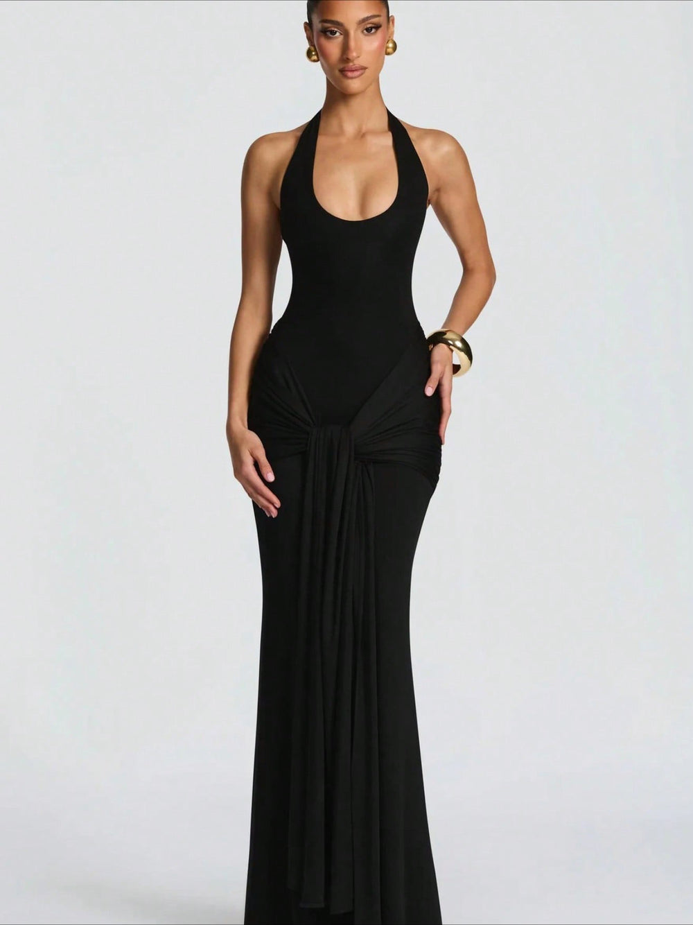 2026 cross-border women's fashion: new european and american style flowy ribbon spliced camisole maxi dress - slim fit bodycon halter neck evening gown