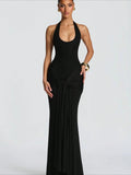 2026 cross-border women's fashion: new european and american style flowy ribbon spliced camisole maxi dress - slim fit bodycon halter neck evening gown