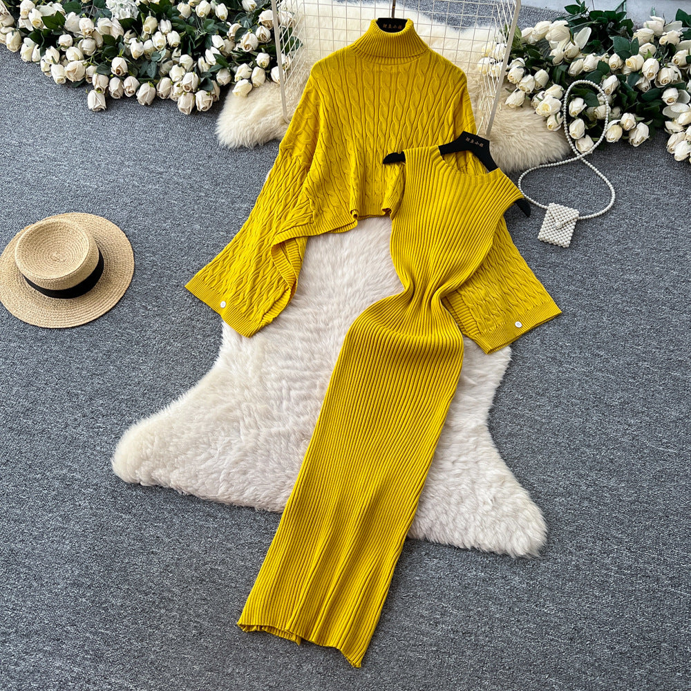 Loosecasual lazy style high collar bat sleeve cable stitchknitting blouse with sleeveless waist vest dress