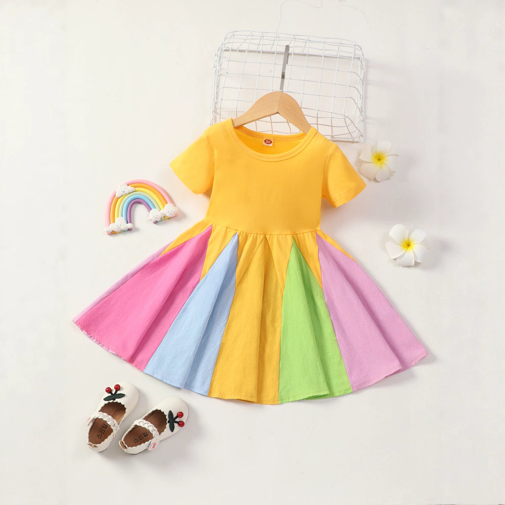 Store manager's pick: new autumn/winter girls' long-sleeve round neck rainbow princess dress with color block design