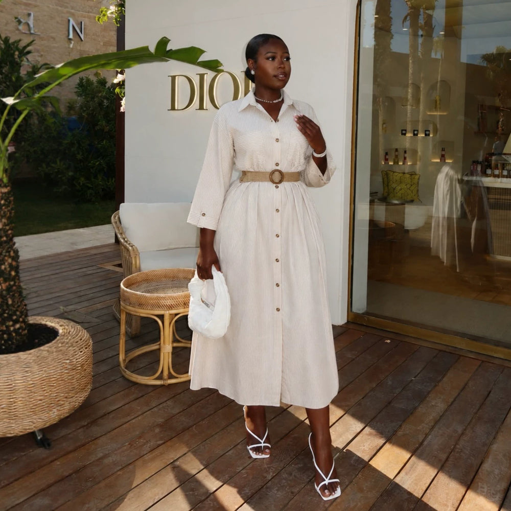 European and american cross-border women's fashion:  summer new arrival - stylish and chic striped turn-down collar pocket single-breasted shirt dress