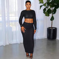 European and american casual skirt set -  cross-border women's fashion: hollow-out mesh long sleeve top + sexy bodycon skirt