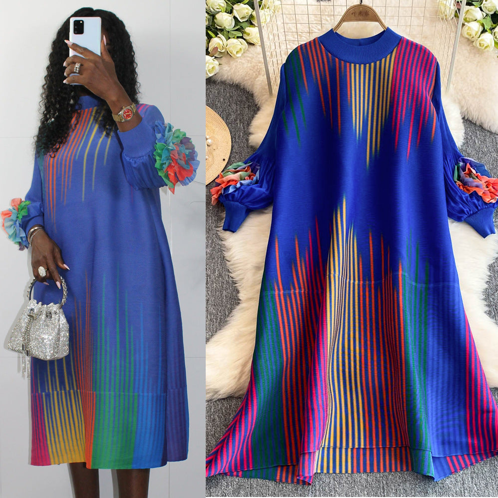 Miura pleated colorfuldress female round neck lantern sleeve looseelegance vertical stripes belly-covering slimming look over-the-knee skirt