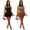 C7569 cross-border   fashion women's sexy bandeau tie-up ruffle mini dress
