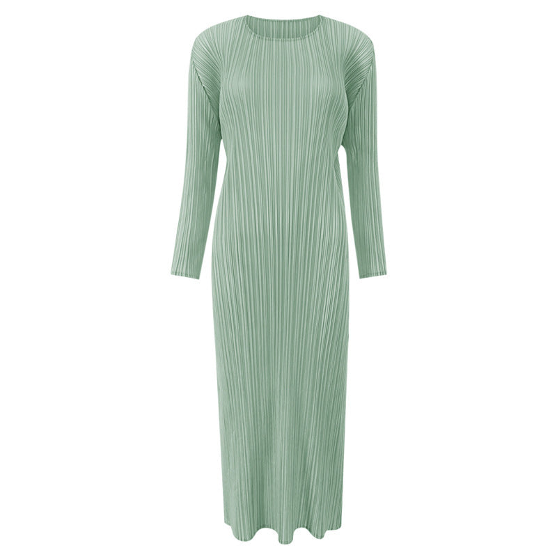 Amazon women's  european and american classic pleated long sleeve solid color midi slim fit slit dress