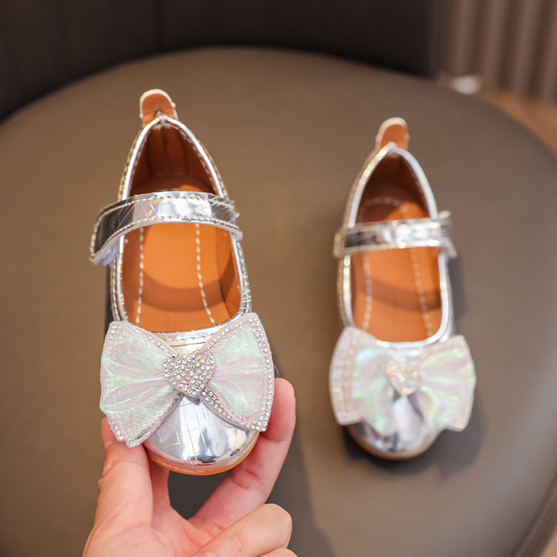 Girls'  spring new bowknot soft sole princess leather shoes for mid-to-large children - wholesale magic tape closure kids' shoes (direct from manufacturer)