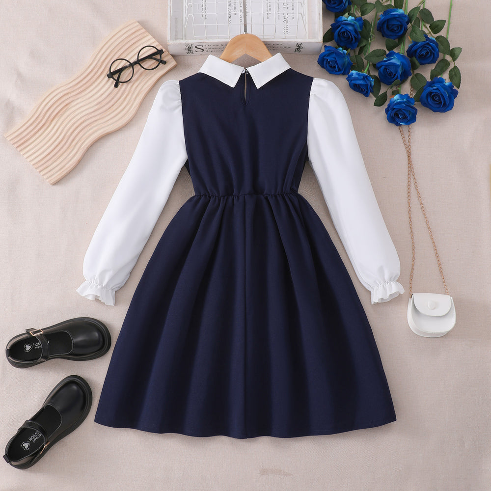 Girls' (mid-to-large size) dress, button-down collar, faux two-piece long sleeve dress