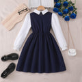 Girls' (mid-to-large size) dress, button-down collar, faux two-piece long sleeve dress
