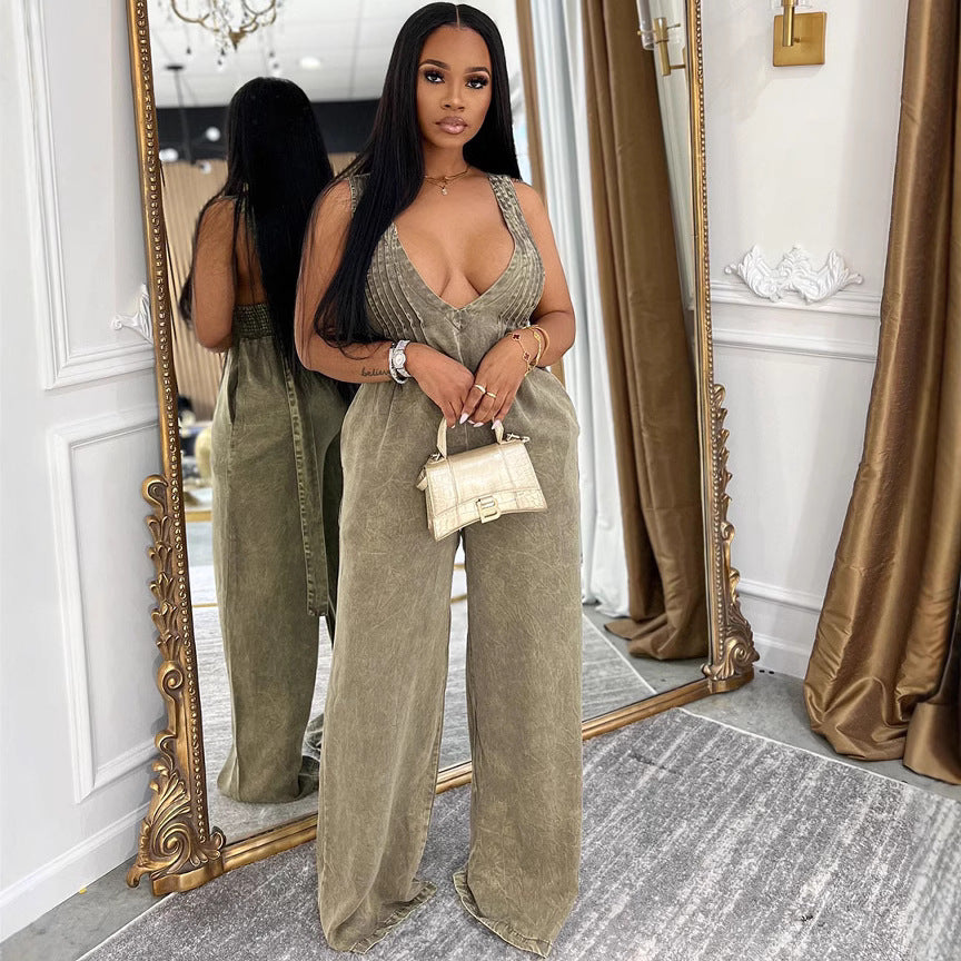 European and american style women's denim jumpsuit - new solid color backless sleeveless loose romper for  cross-border e-commerce