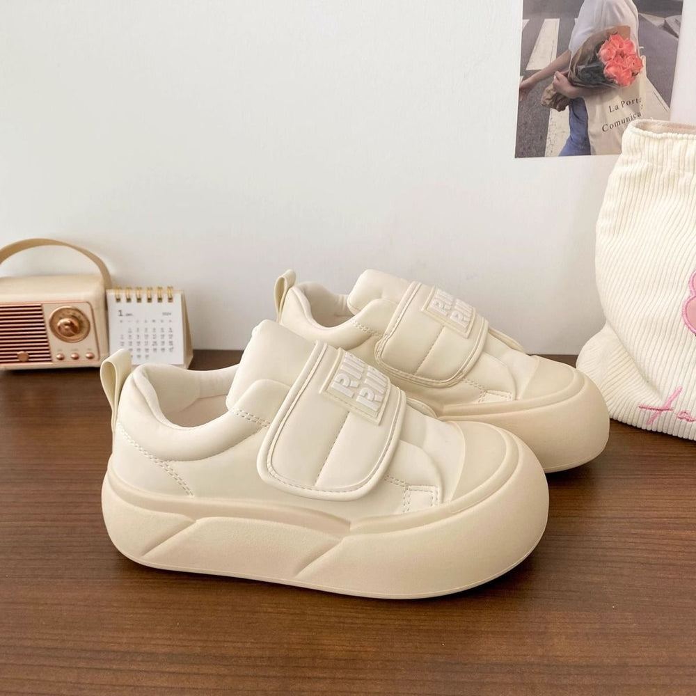 Creamy white chunky sole sneakers - women's adorable & chic spring/autumn new arrivals - unique velcro closure, round toe, bread-shaped shoes, student canvas sneakers