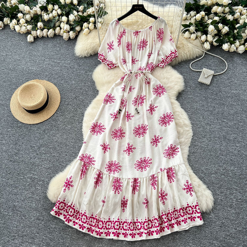 Literaryretro one shoulder lantern sleeve strap waist printingdress women's summer slimming lookelegantruffles long skirt