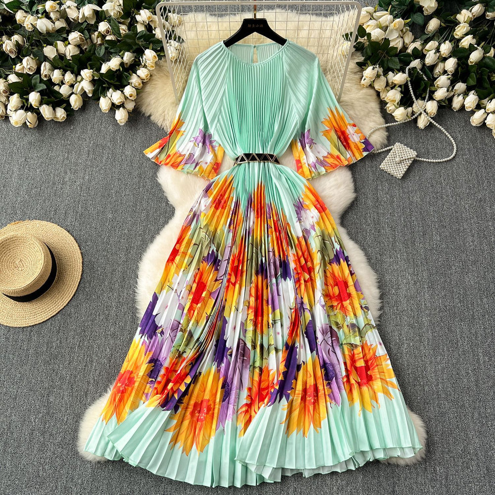 European and american retro court style design printed long dress with heavy pleating, puff sleeves, and pleated skirt - spring collection for women
