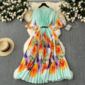 European and american retro court style design printed long dress with heavy pleating, puff sleeves, and pleated skirt - spring collection for women