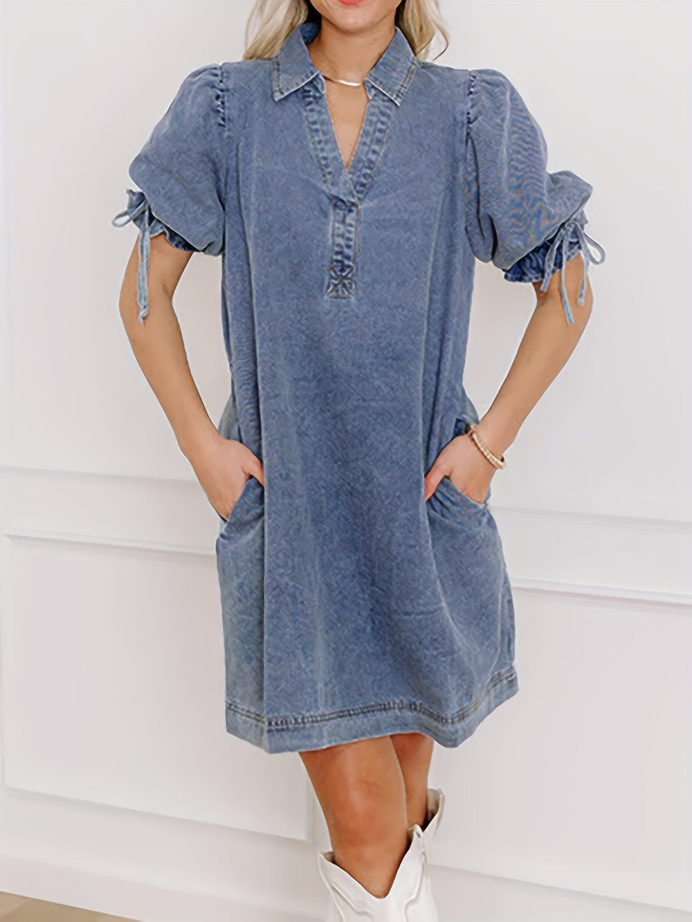 European and american style women's drawstring bubble short sleeve blue denim dress with turn-down collar - washed, non-stretch